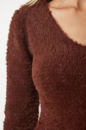 Женский коричневый вязаный свитер с v-образным вырезом и бородой NF00072
