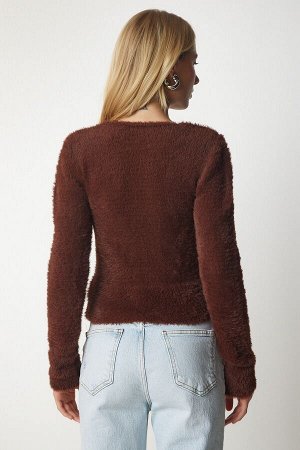 Женский коричневый вязаный свитер с v-образным вырезом и бородой NF00072