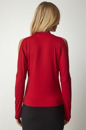 Женская красная трикотажная блузка с высоким воротником и открытыми плечами UB00152