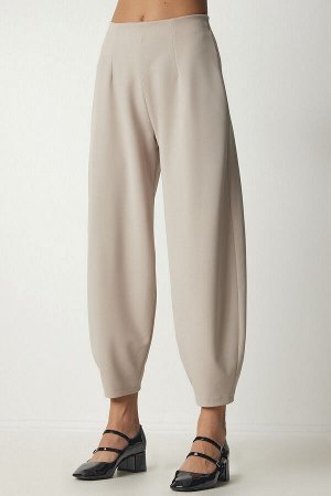 Женские бежевые удобные тканые брюки-шалвар MS00014