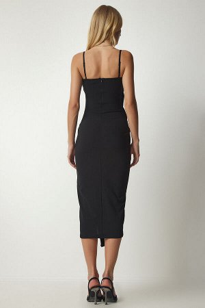 Женское черное стильное тканое платье на бретелях со сборками DP00189