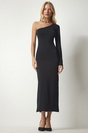 happinessistanbul Женское черное платье песочного цвета на одно плечо с разрезом DZ00107