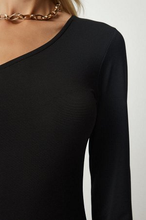 happinessistanbul Женское черное платье песочного цвета на одно плечо с разрезом DZ00107