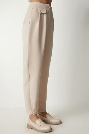 Женские стильные тканые брюки кремового цвета на пуговицах GK00012