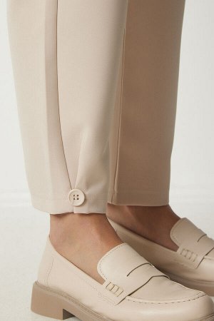 Женские стильные тканые брюки кремового цвета на пуговицах GK00012