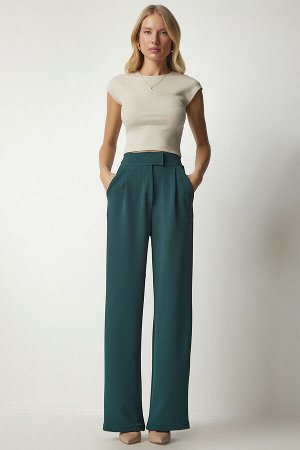 Женские удобные тканые брюки изумрудно-зеленого цвета с липучкой на талии RV00150