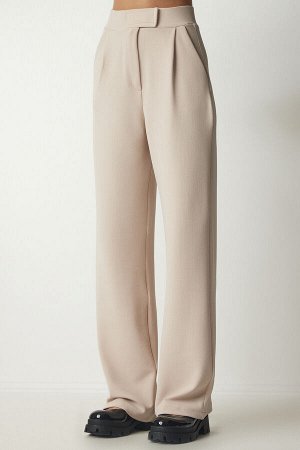 Женские удобные тканые брюки кремового цвета с липучками на талии RV00150