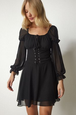 Женское черное мини-шифоновое платье с люверсами EY00011