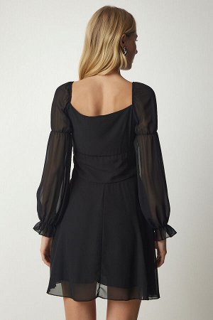 Женское черное мини-шифоновое платье с люверсами EY00011