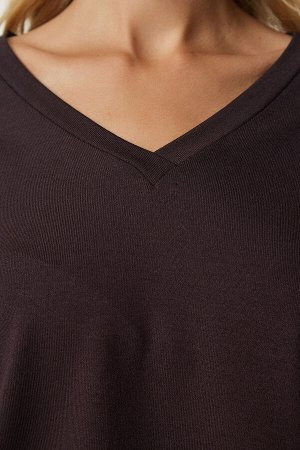 Женская темно-коричневая трикотажная блузка с v-образным вырезом UB00150