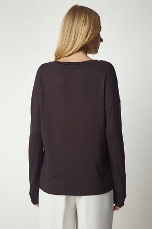 Женская темно-коричневая трикотажная блузка с v-образным вырезом UB00150