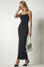 Женское черное длинное песочное платье на веревочном ремне YK00075