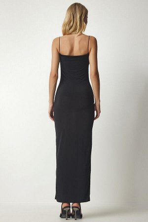 Женское длинное песочное платье черного цвета с веревочным ремнем YK00075