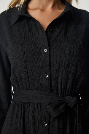 Женское черное длинное платье-рубашка с поясом UB00187