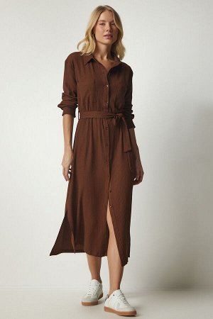Женское коричневое длинное платье-рубашка с поясом UB00187
