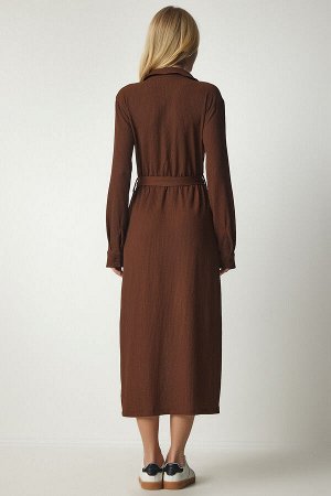Женское коричневое длинное платье-рубашка с поясом UB00187