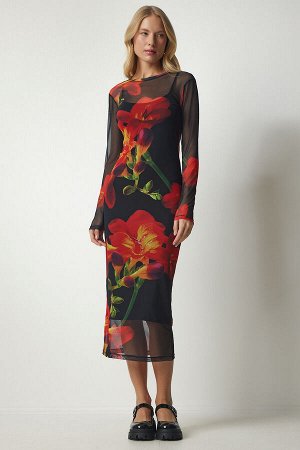 Женское черно-оранжевое шифоновое платье с цветочным узором FF00139