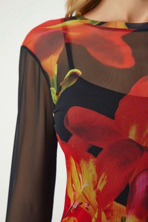 Женское черно-оранжевое шифоновое платье с цветочным узором FF00139