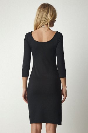 Женское черное тканое платье с U-образным вырезом и разрезом BF00084