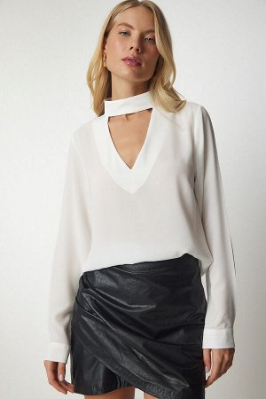 Женская белая блузка из крепа с глубоким вырезом и глубоким вырезом UB00155