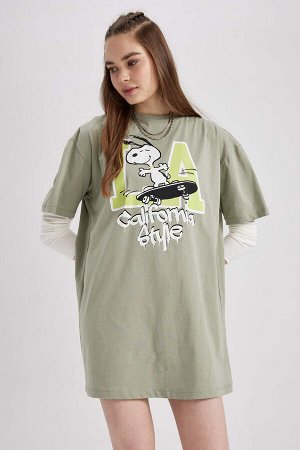 Мини-платье Cool Snoopy Oversize из 100% хлопка из чесаного хлопка с короткими рукавами