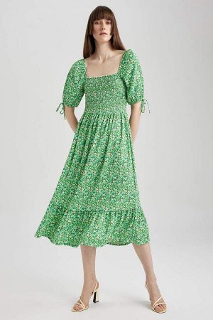 DEFACTO Платье миди с квадратным вырезом и цветочным принтом, короткий рукав и короткий рукав