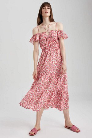 Платье миди с открытыми плечами и цветочным принтом Aerobin с короткими рукавами