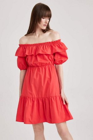 DEFACTO Мини-платье из поплина с открытыми плечами и короткими рукавами из 100% хлопка