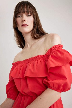 DEFACTO Мини-платье из поплина с открытыми плечами и короткими рукавами из 100% хлопка