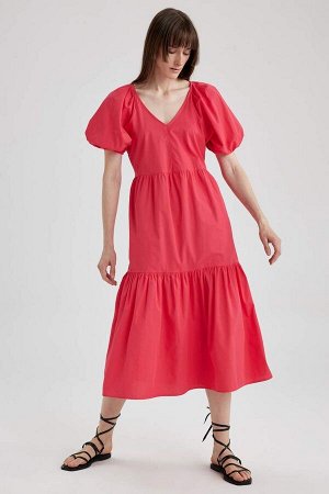 Платье миди из поплина с V-образным вырезом и рукавами реглан и короткими рукавами из 100% хлопка