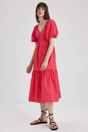 Платье миди из поплина с V-образным вырезом и рукавами реглан и короткими рукавами из 100% хлопка