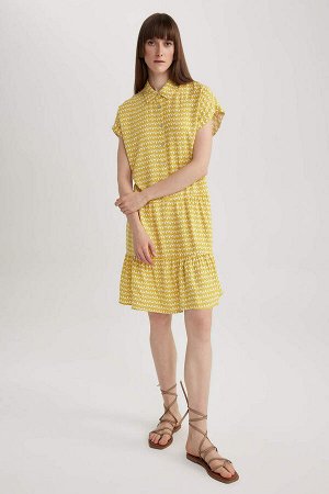 DEFACTO Мини-платье с короткими рукавами и воротником-рубашкой с принтом