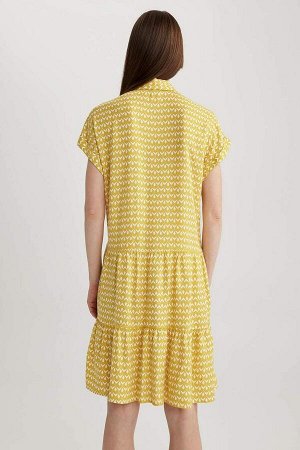 DEFACTO Мини-платье с короткими рукавами и воротником-рубашкой с принтом