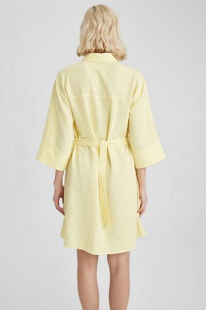 Мини-платье из смесового льна с рубашечным воротником и короткими рукавами