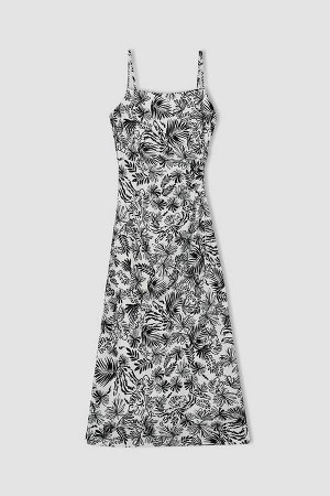 Облегающее платье миди из смесового льна с тропическим узором на бретелях