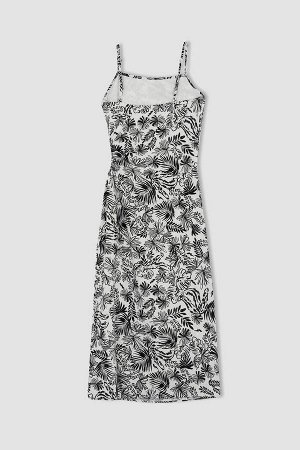 DEFACTO Облегающее платье миди из смесового льна с тропическим узором на бретелях