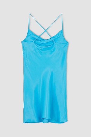 DEFACTO Синее атласное платье миди с открытыми плечами и перекрещивающейся спиной, украшенное веревочными бретелями