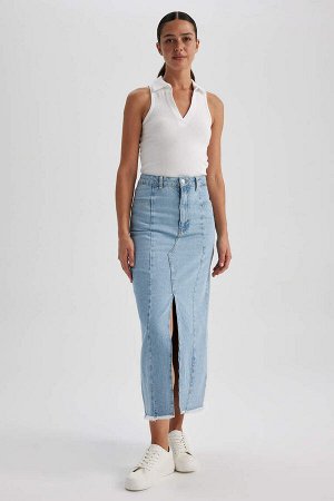 Модная джинсовая юбка макси с разрезом