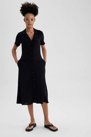 DEFACTO Платье миди с короткими рукавами и воротником-рубашкой