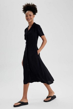 DEFACTO Платье миди с короткими рукавами и воротником-рубашкой
