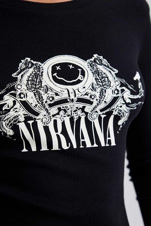 Nirvana Облегающая футболка с длинными рукавами и круглым вырезом с принтом