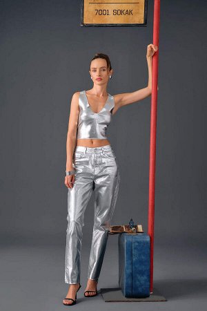 Прямая посадка, обычная форма, нормальная талия, длина до щиколотки, металлические джинсовые брюки