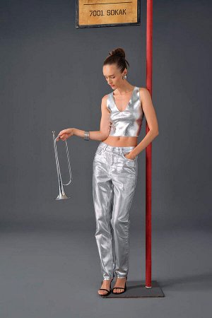 DEFACTO Прямая посадка, обычная форма, нормальная талия, длина до щиколотки, металлические джинсовые брюки