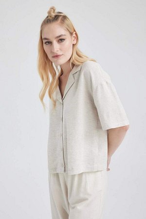 DEFACTO Рубашка из смесового льна с коротким рукавом и пижамным воротником Relax Fit