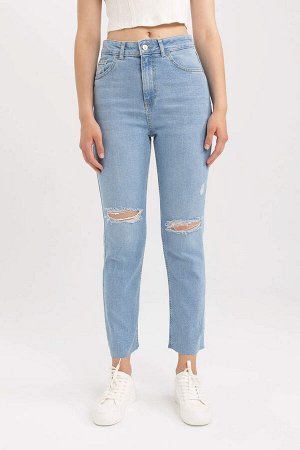 Длинные джинсовые брюки прямого кроя с высокой талией и рваными деталями Mary