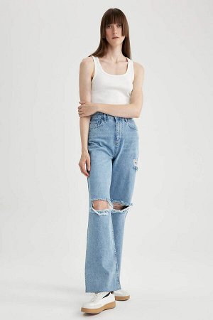 DEFACTO Широкие джинсовые брюки 90-х с рваными деталями, длинные брюки из 100 % хлопка