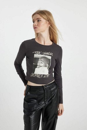 DEFACTO Облегающая футболка с длинными рукавами и круглым вырезом Cool Tupac Shakur