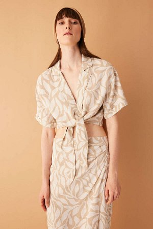 DEFACTO Приталенная льняная блузка с V-образным вырезом и короткими рукавами