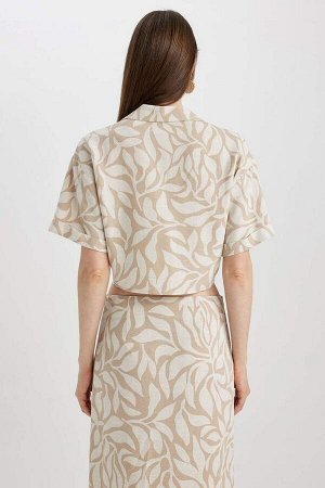 DEFACTO Приталенная льняная блузка с V-образным вырезом и короткими рукавами