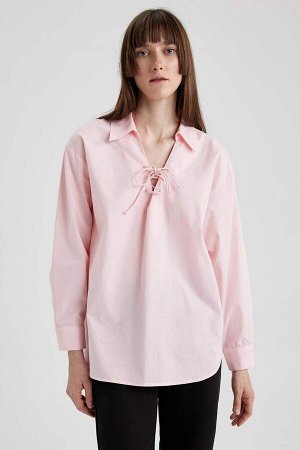 Рубашка оверсайз с длинными рукавами и кружевной отделкой на воротнике, блузка из 100 % хлопка